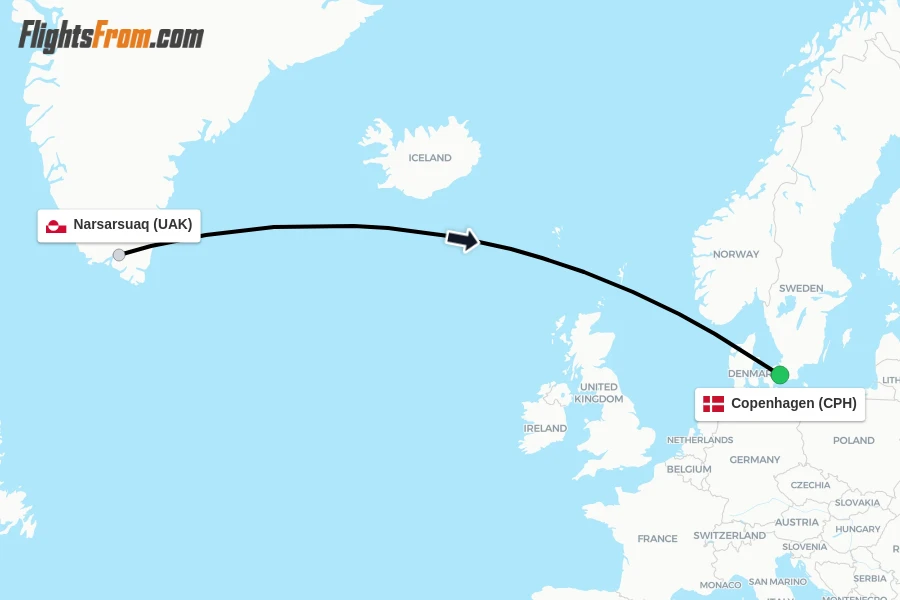 Flights from Narsarsuaq to Copenhagen route map