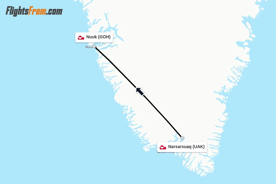 Flights from Narsarsuaq to Nuuk route map