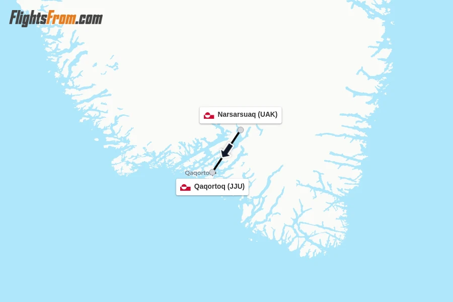 Flights from Narsarsuaq to Qaqortoq route map