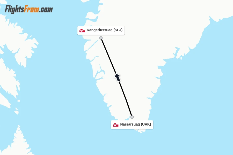 Flights from Narsarsuaq to Kangerlussuaq route map
