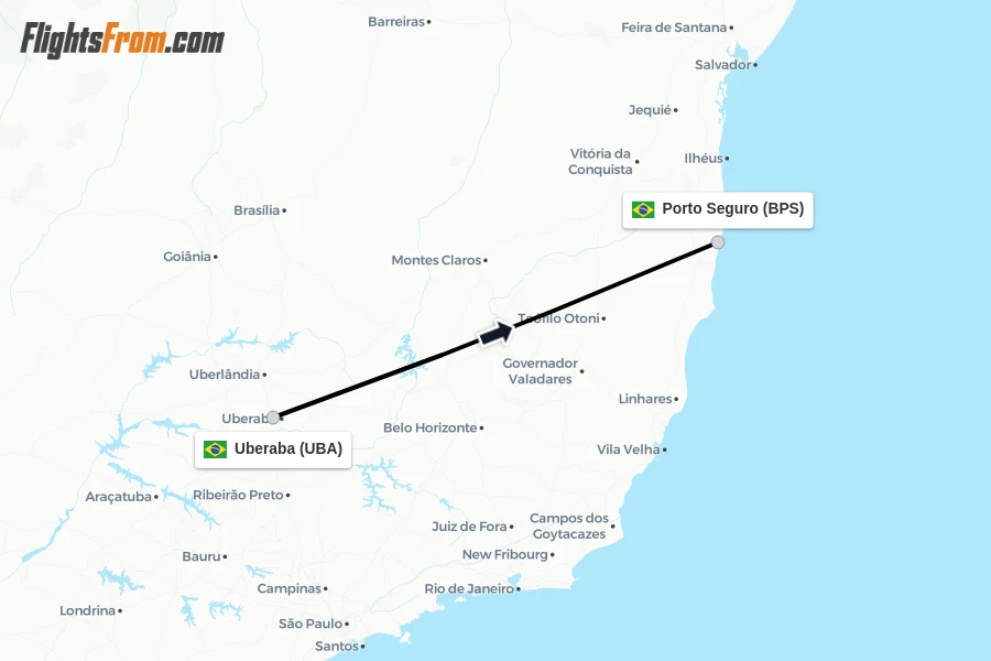 Flights from Uberaba to Porto Seguro route map