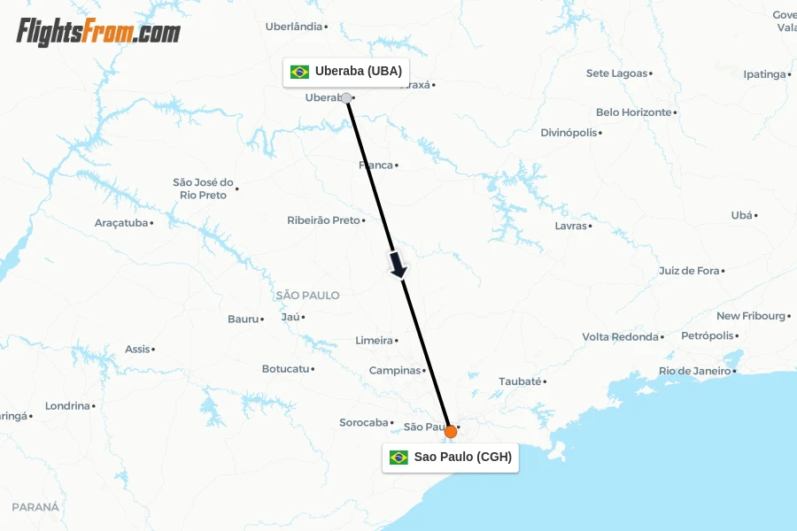 Flights from Uberaba to Sao Paulo route map