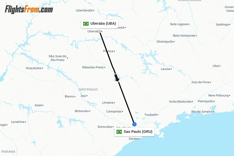 Flights from Uberaba to Sao Paulo route map