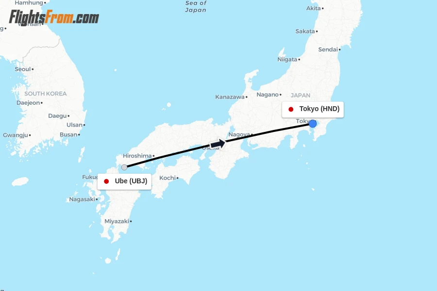 Flights from Ube to Tokyo route map
