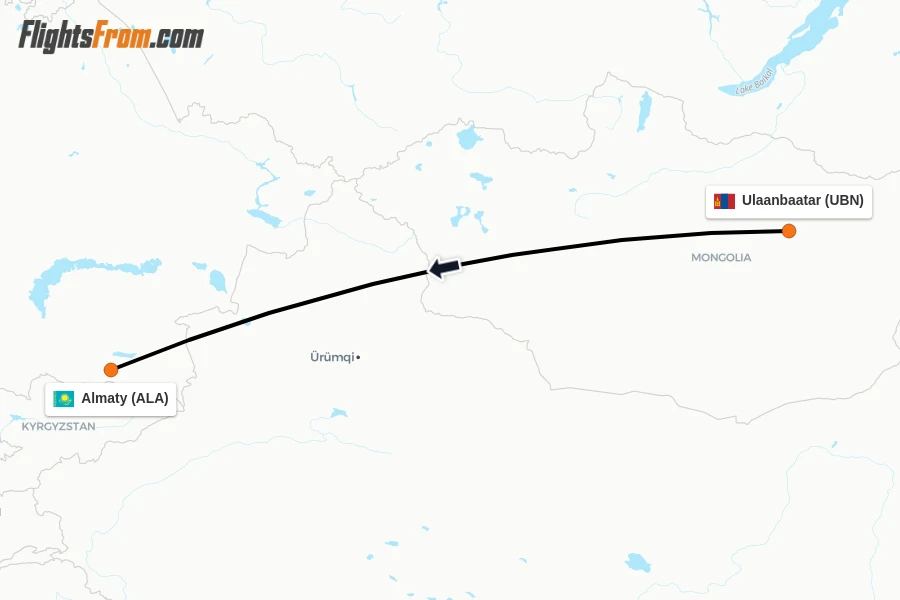 Flights from Ulaanbaatar to Almaty route map