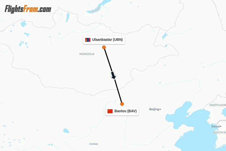 Flights from Ulaanbaatar to Baotou route map