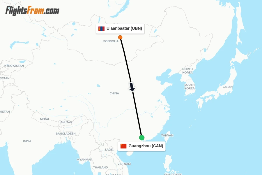 Flights from Ulaanbaatar to Guangzhou route map