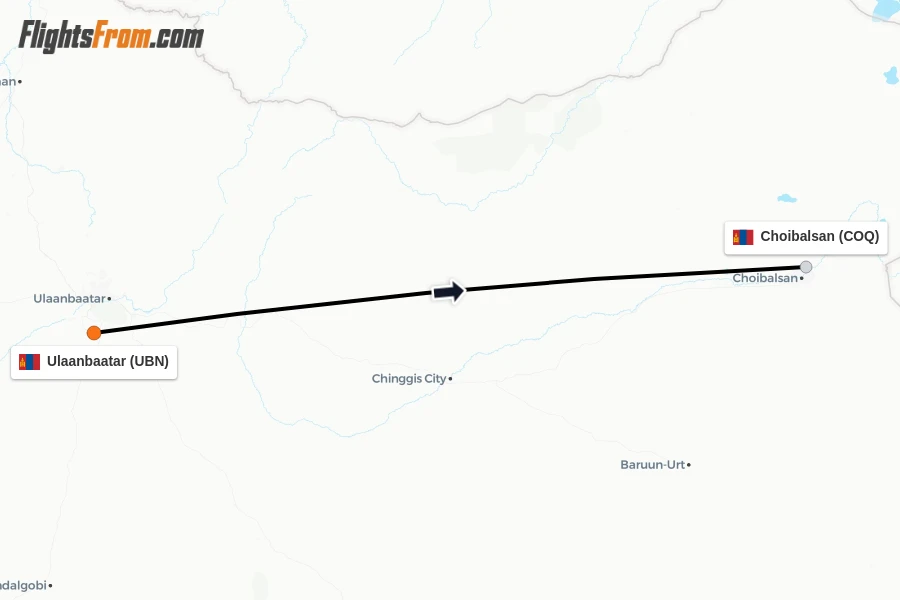 Flights from Ulaanbaatar to Choibalsan route map