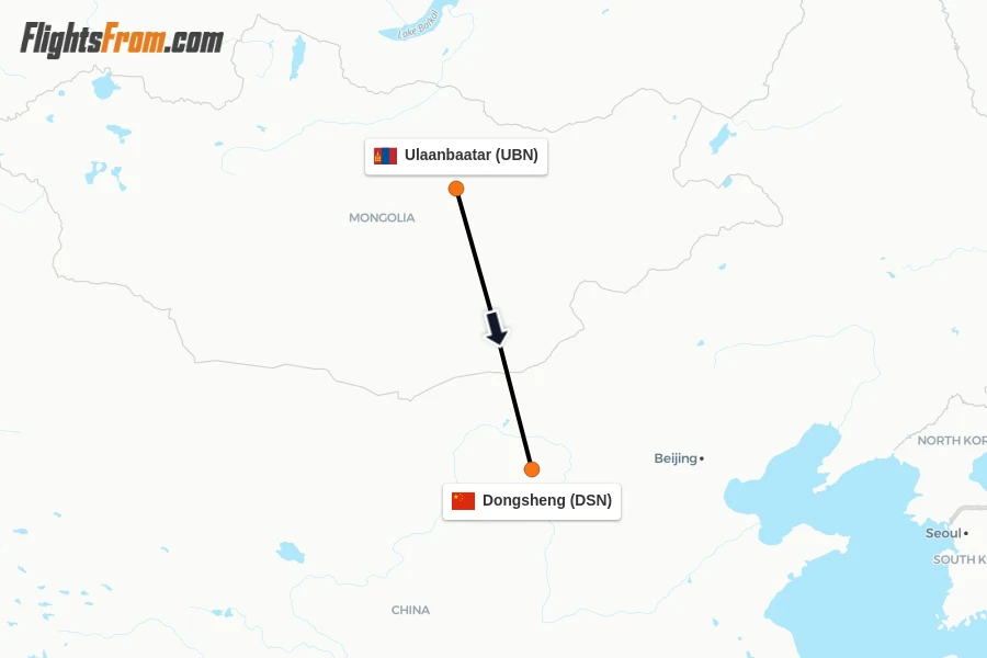 Flights from Ulaanbaatar to Dongsheng route map