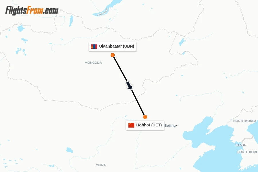Flights from Ulaanbaatar to Hohhot route map