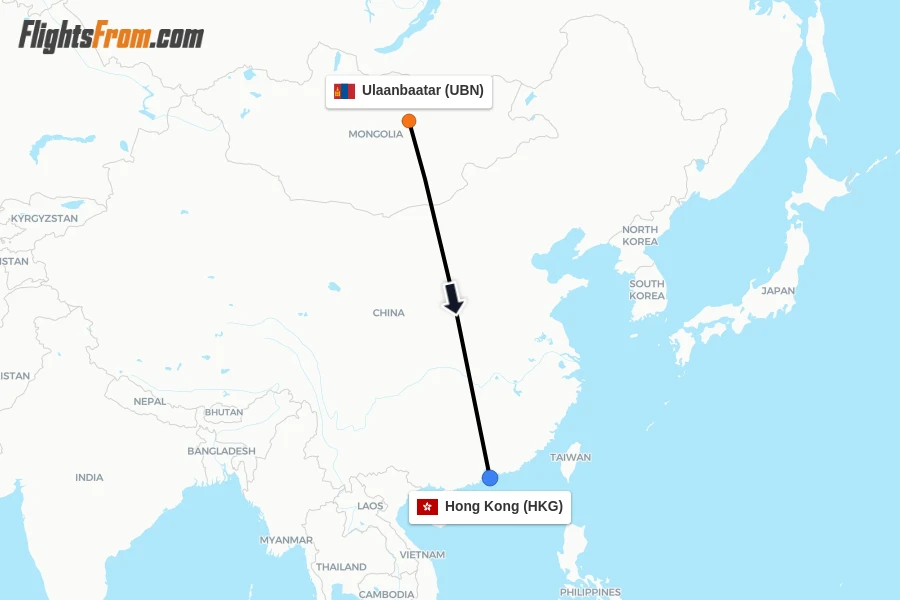 Flights from Ulaanbaatar to Hong Kong route map