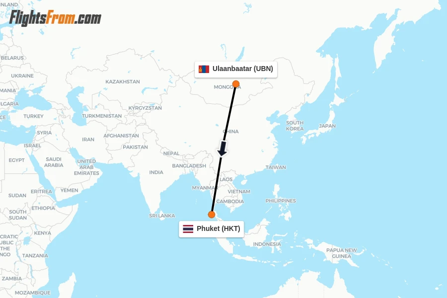 Flights from Ulaanbaatar to Phuket route map