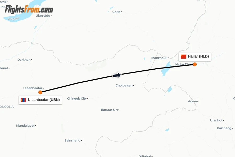 Flights from Ulaanbaatar to Hailar route map
