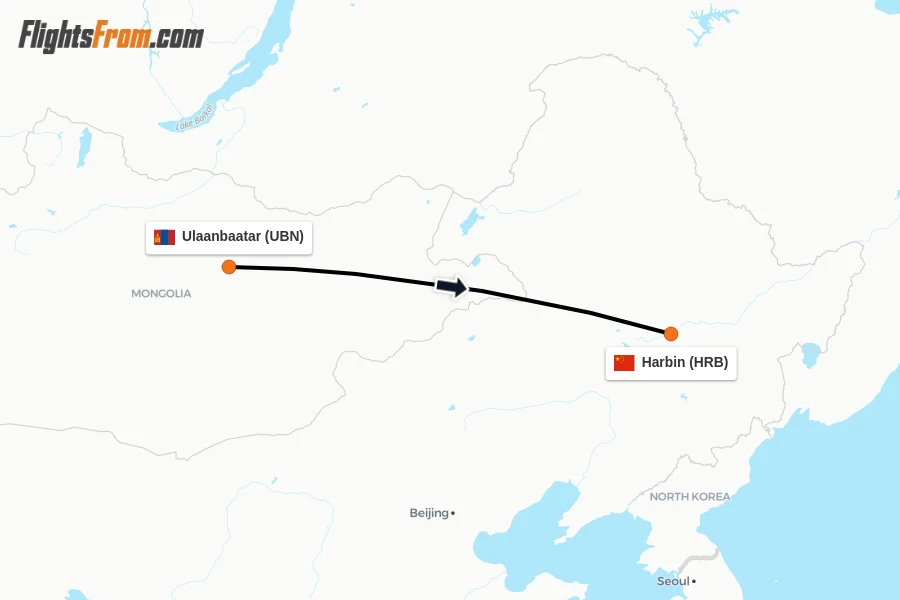Flights from Ulaanbaatar to Harbin route map