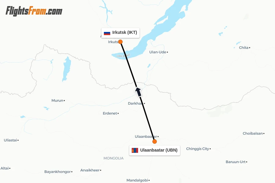 Flights from Ulaanbaatar to Irkutsk route map