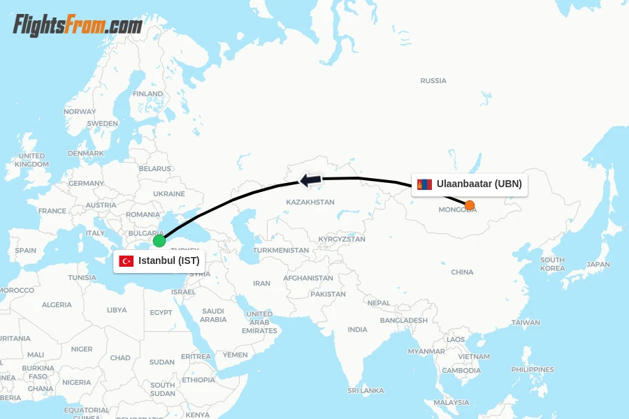 Flights from Ulaanbaatar to Istanbul route map