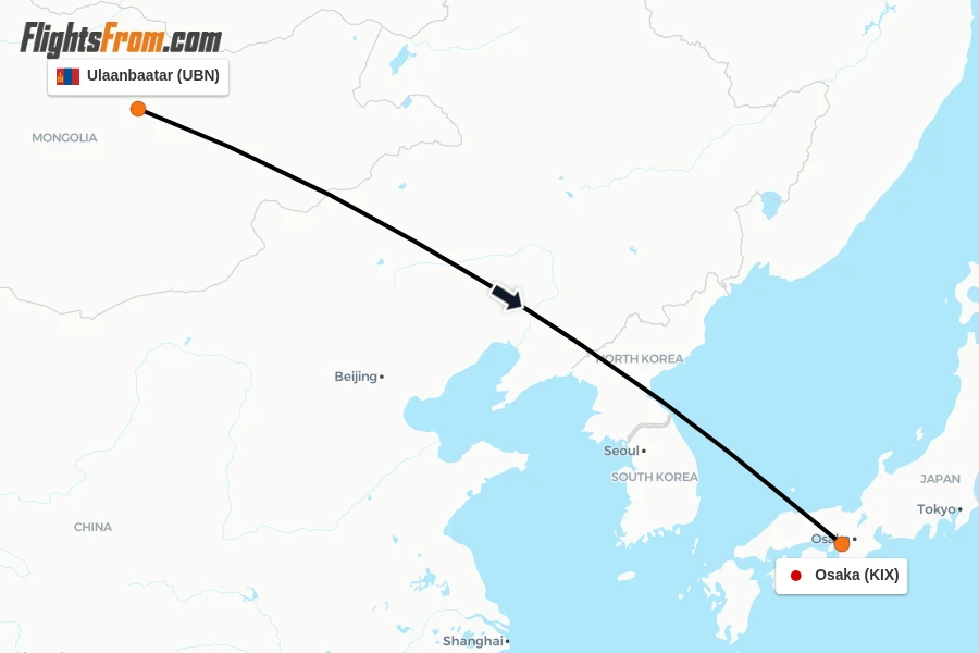 Flights from Ulaanbaatar to Osaka route map