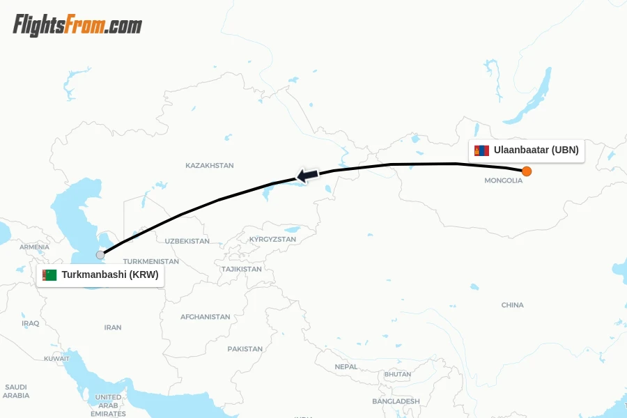 Flights from Ulaanbaatar to Turkmanbashi route map