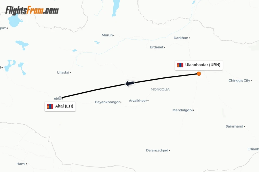 Flights from Ulaanbaatar to Altai route map