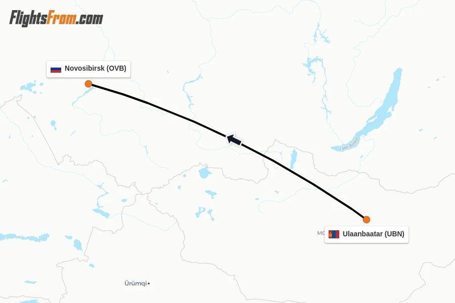 Flights from Ulaanbaatar to Novosibirsk route map