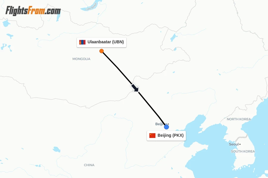 Flights from Ulaanbaatar to Beijing route map