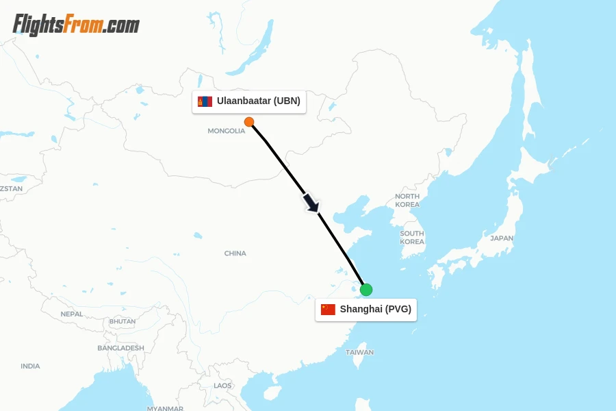 Flights from Ulaanbaatar to Shanghai route map