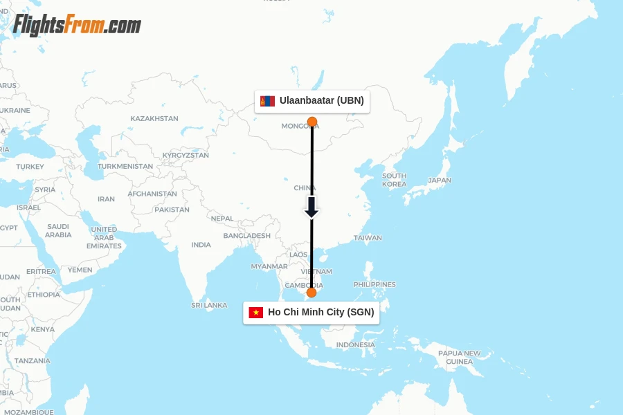 Flights from Ulaanbaatar to Ho Chi Minh City route map