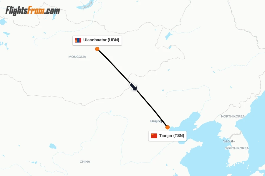 Flights from Ulaanbaatar to Tianjin route map