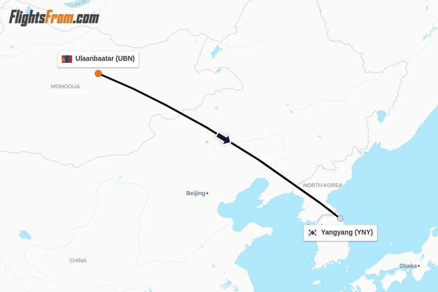 Flights from Ulaanbaatar to Yangyang route map