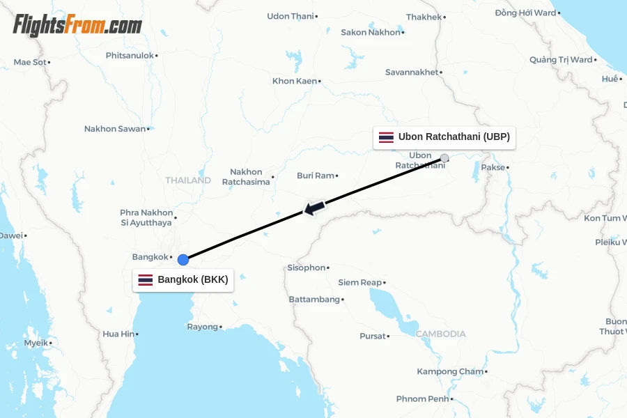 Flights from Ubon Ratchathani to Bangkok route map
