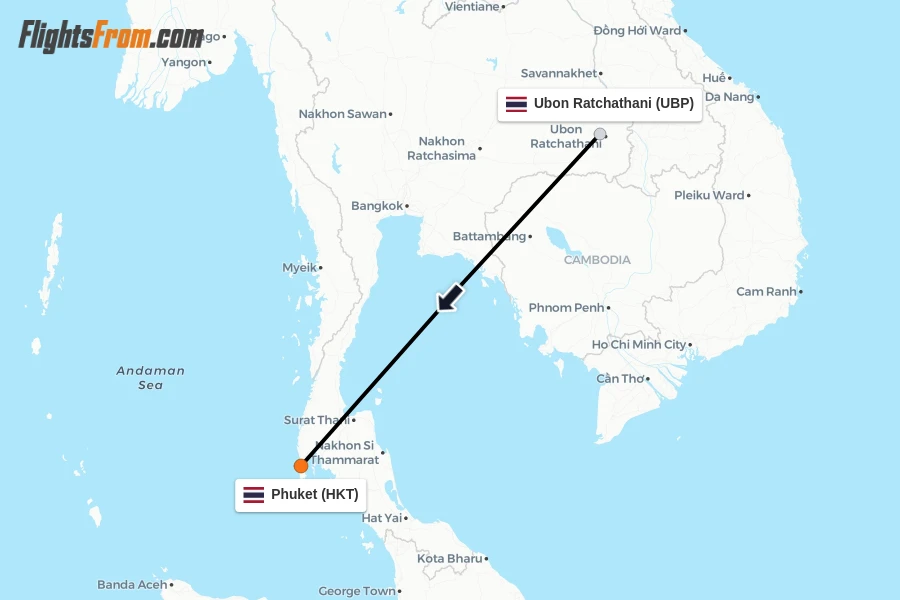 Flights from Ubon Ratchathani to Phuket route map