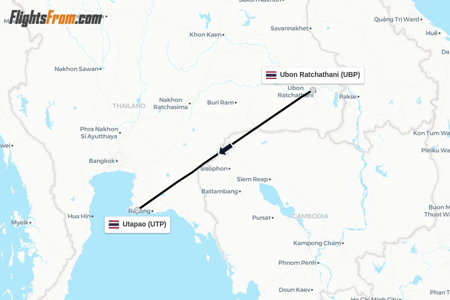 Flights from Ubon Ratchathani to Utapao route map