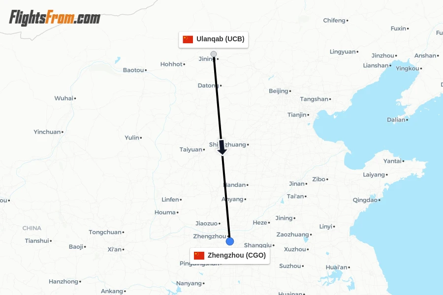 Flights from Ulanqab to Zhengzhou route map