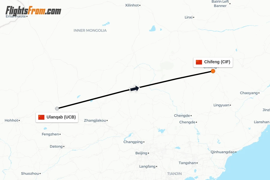 Flights from Ulanqab to Chifeng route map