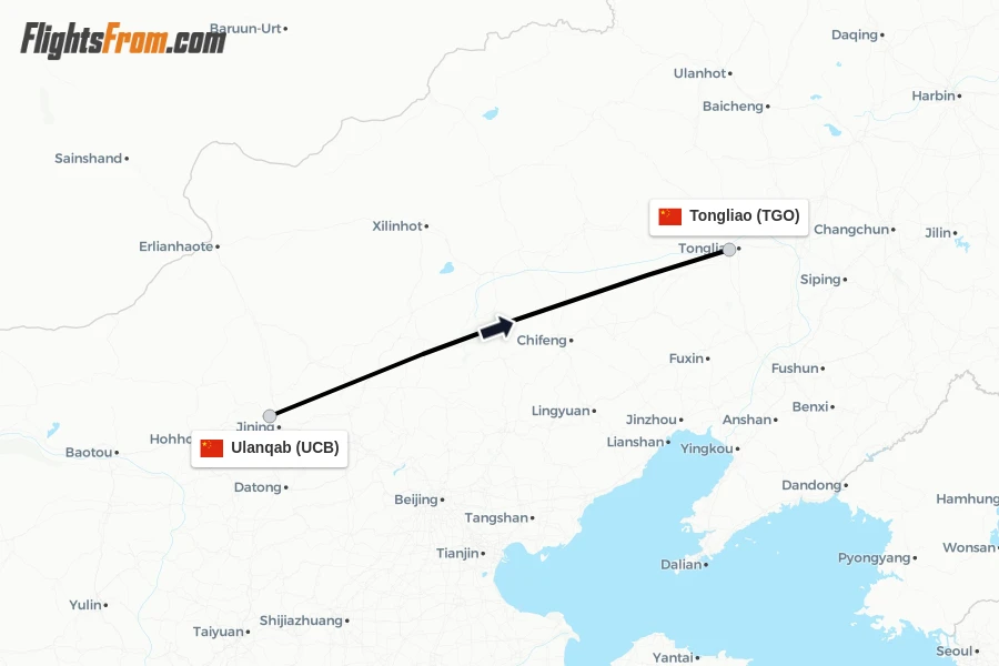 Flights from Ulanqab to Tongliao route map