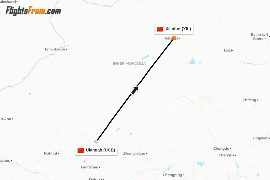 Flights from Ulanqab to Xilinhot route map