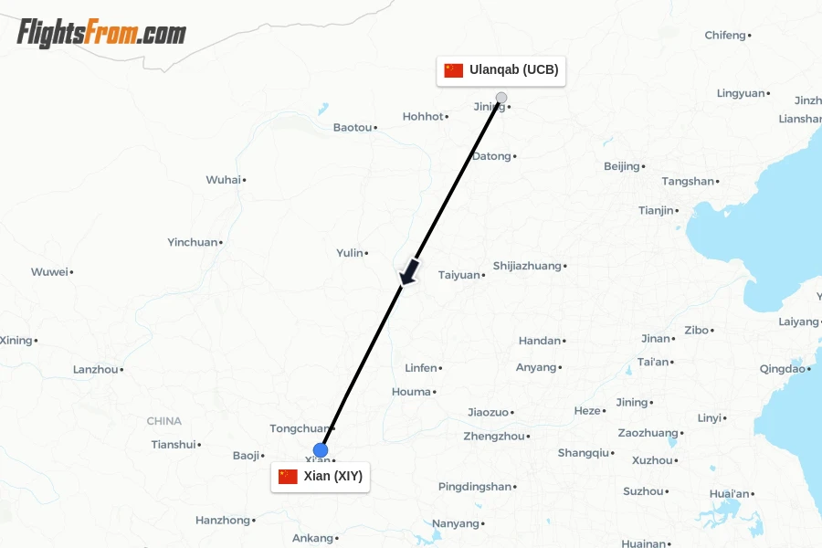 Flights from Ulanqab to Xian route map