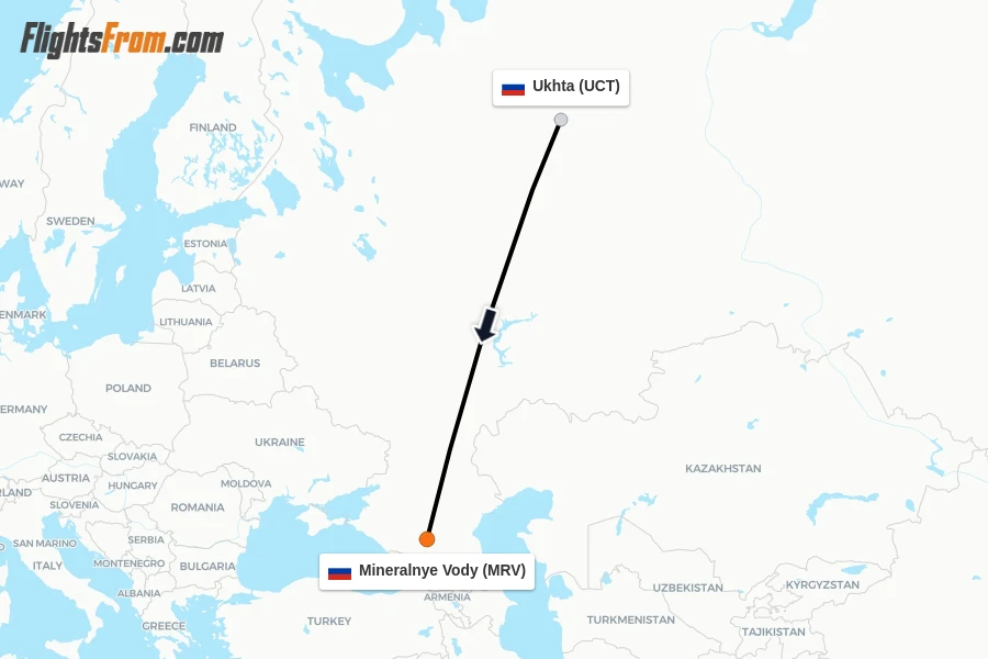 Flights from Ukhta to Mineralnye Vody route map