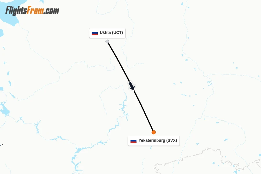 Flights from Ukhta to Yekaterinburg route map