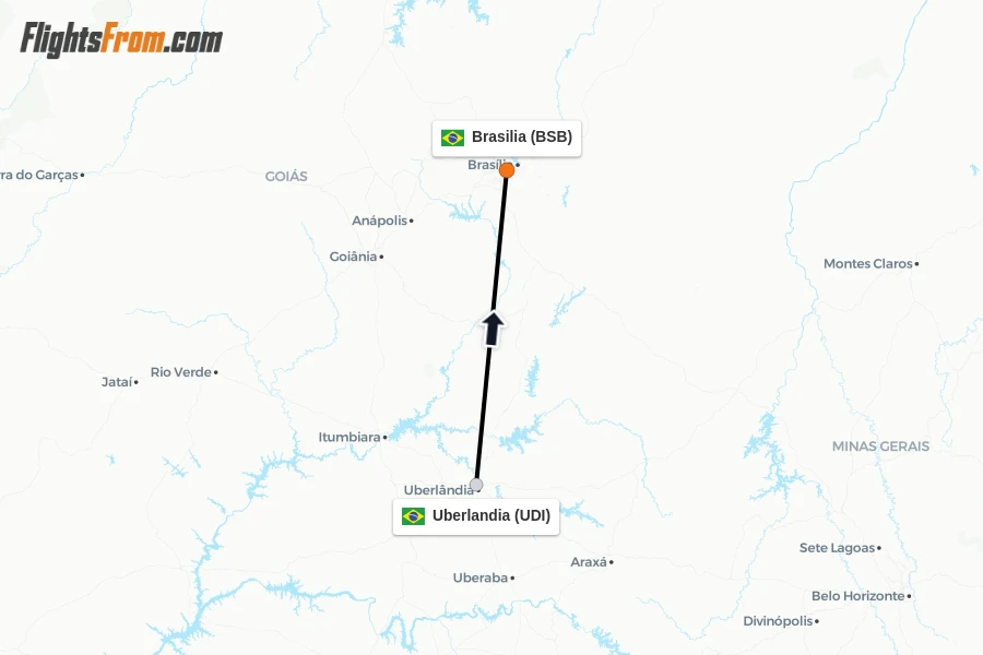 Flights from Uberlandia to Brasilia route map