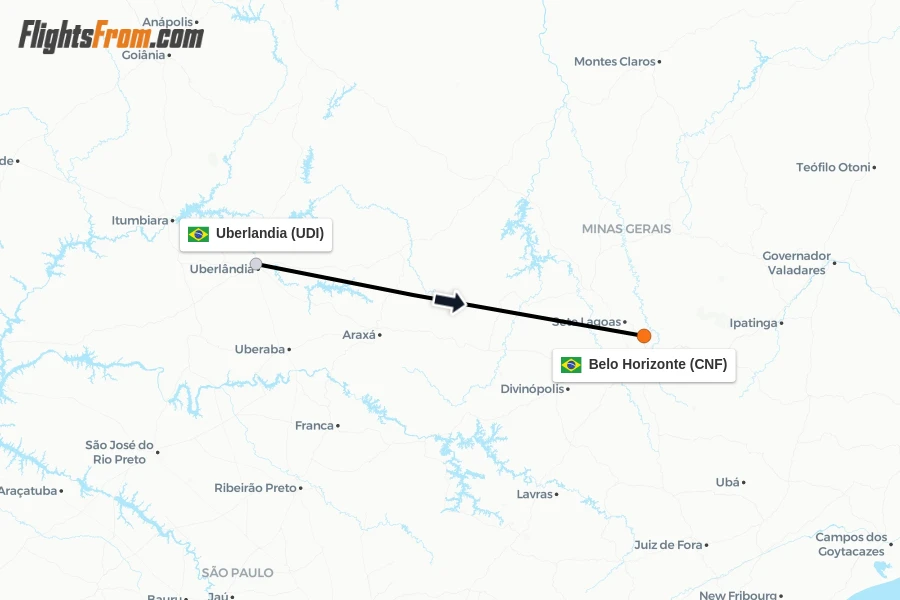 Flights from Uberlandia to Belo Horizonte route map