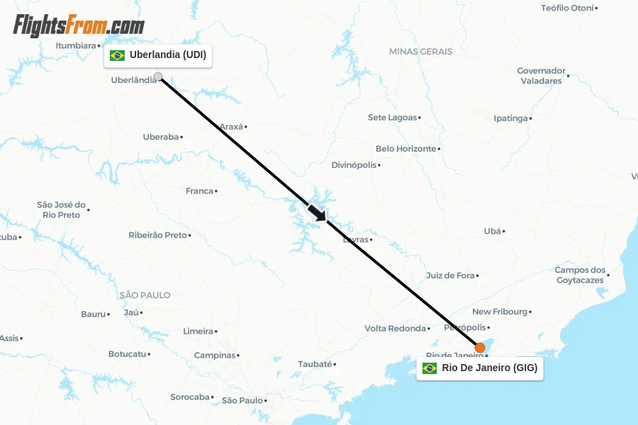 Flights from Uberlandia to Rio De Janeiro route map