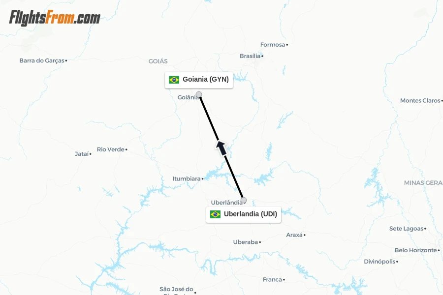 Flights from Uberlandia to Goiania route map