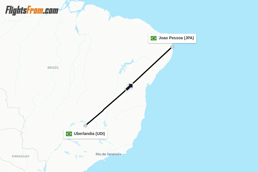 Flights from Uberlandia to Joao Pessoa route map