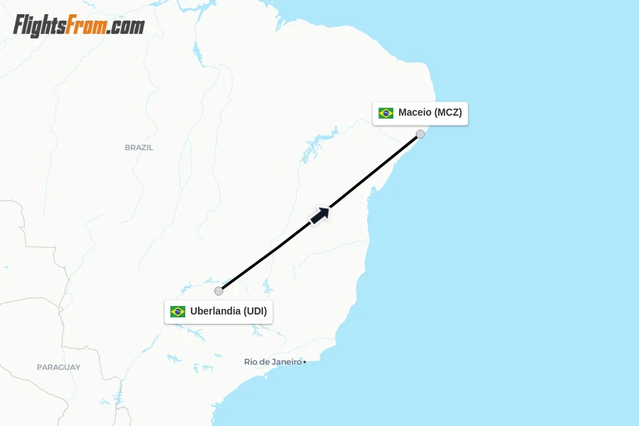 Flights from Uberlandia to Maceio route map