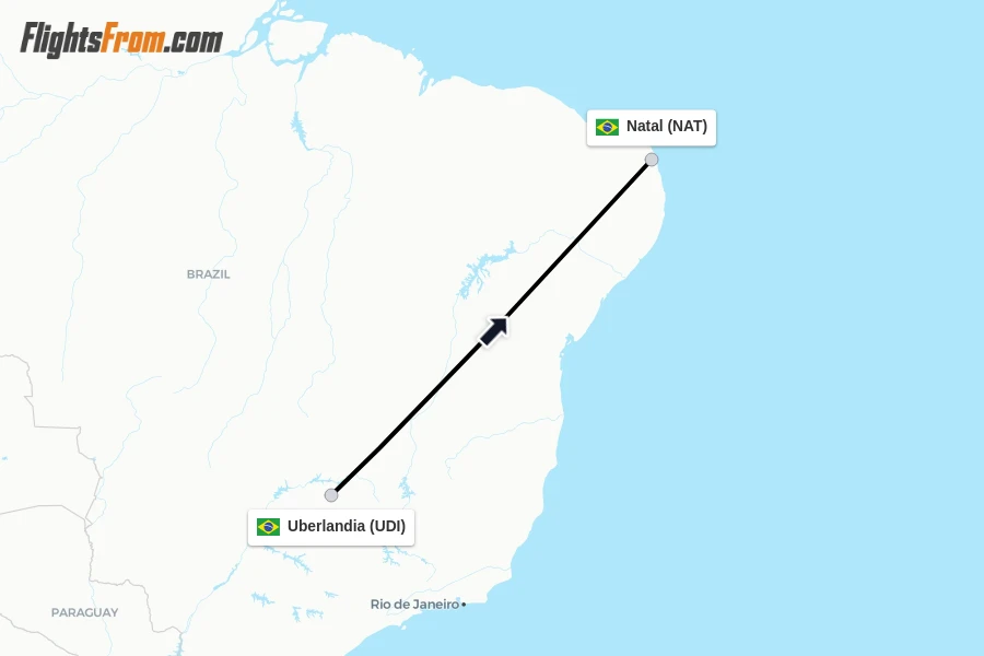 Flights from Uberlandia to Natal route map