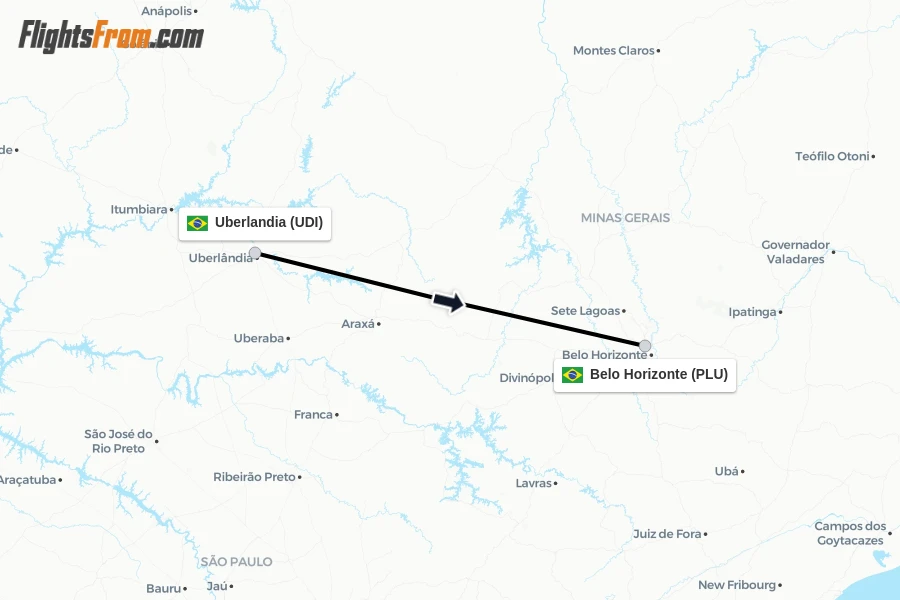 Flights from Uberlandia to Belo Horizonte route map