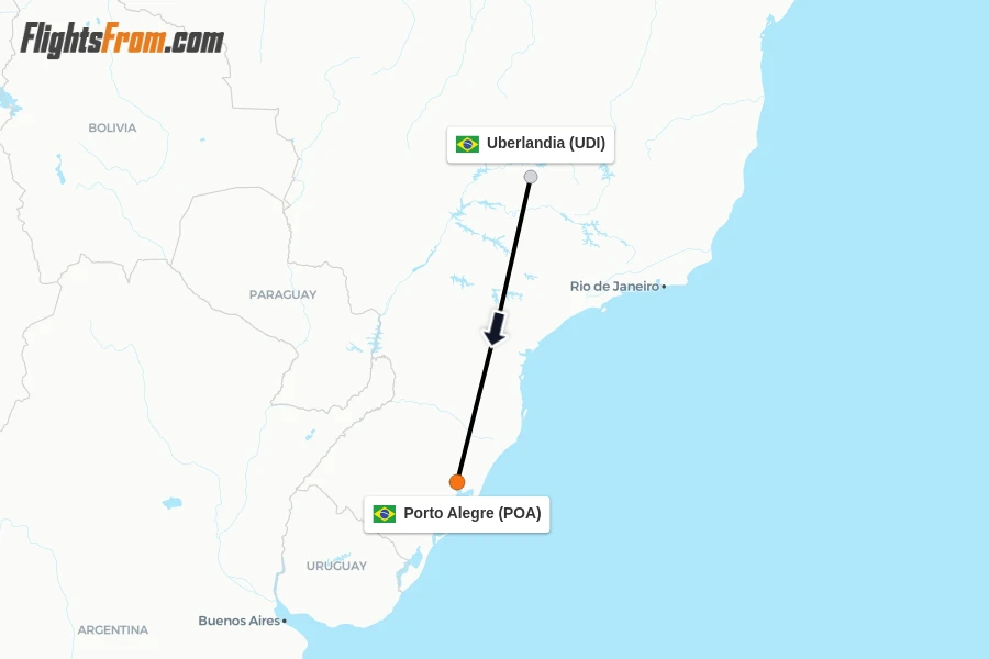 Flights from Uberlandia to Porto Alegre route map