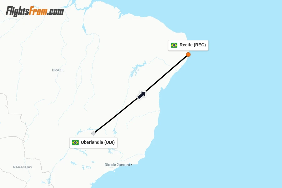 Flights from Uberlandia to Recife route map