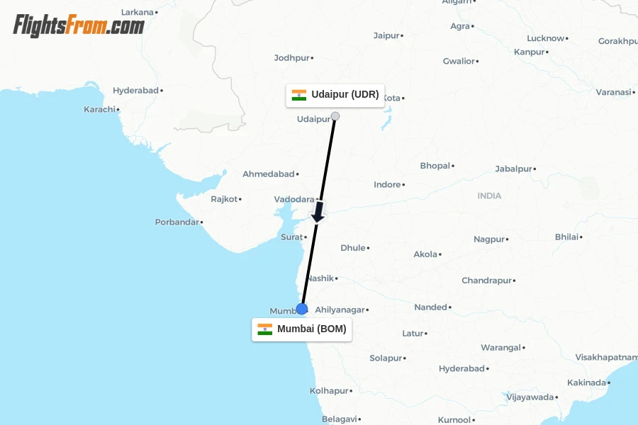 Flights from Udaipur to Mumbai route map
